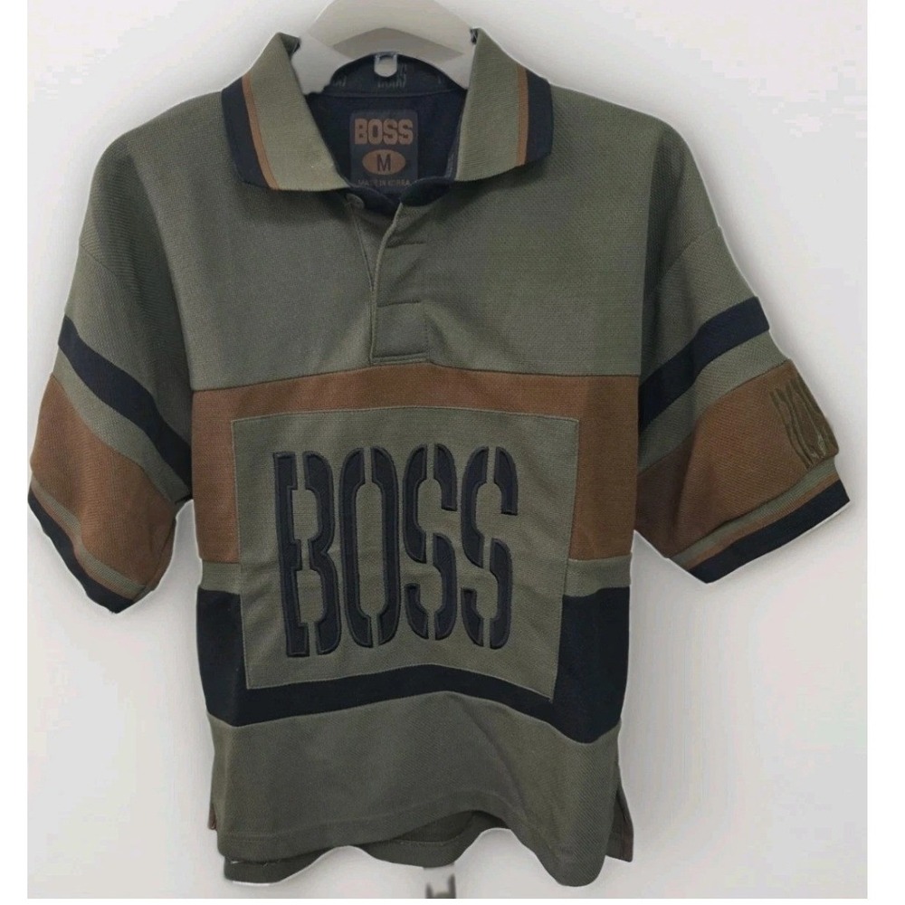 Vintage Boss Combat Polo Shirt Mens Medium Olive Green Colorblock Tactical Logo
